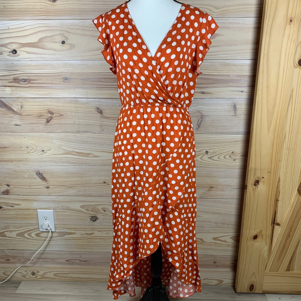 GRECERELLE Maxi Dress‎ Women Medium Orange Polka Dot Wrap Ruffle High Low Summer